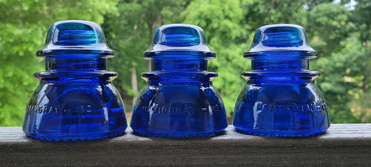 3 Vintage Hemingray 42 Glass Insulators Colorized Cobalt Blue. Antique Decorative Glass Insulators Set Of 3