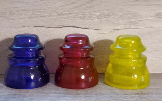 Vintage Glass Insulators Colorized Purple Pink & Yellow. Set Of Three Glass Insulators