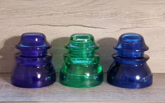 3 Authentic Vintage Glass Insulators  Colorized Purple Green & Blue. Set Of 3 Glass Insulators. Railroad Glass